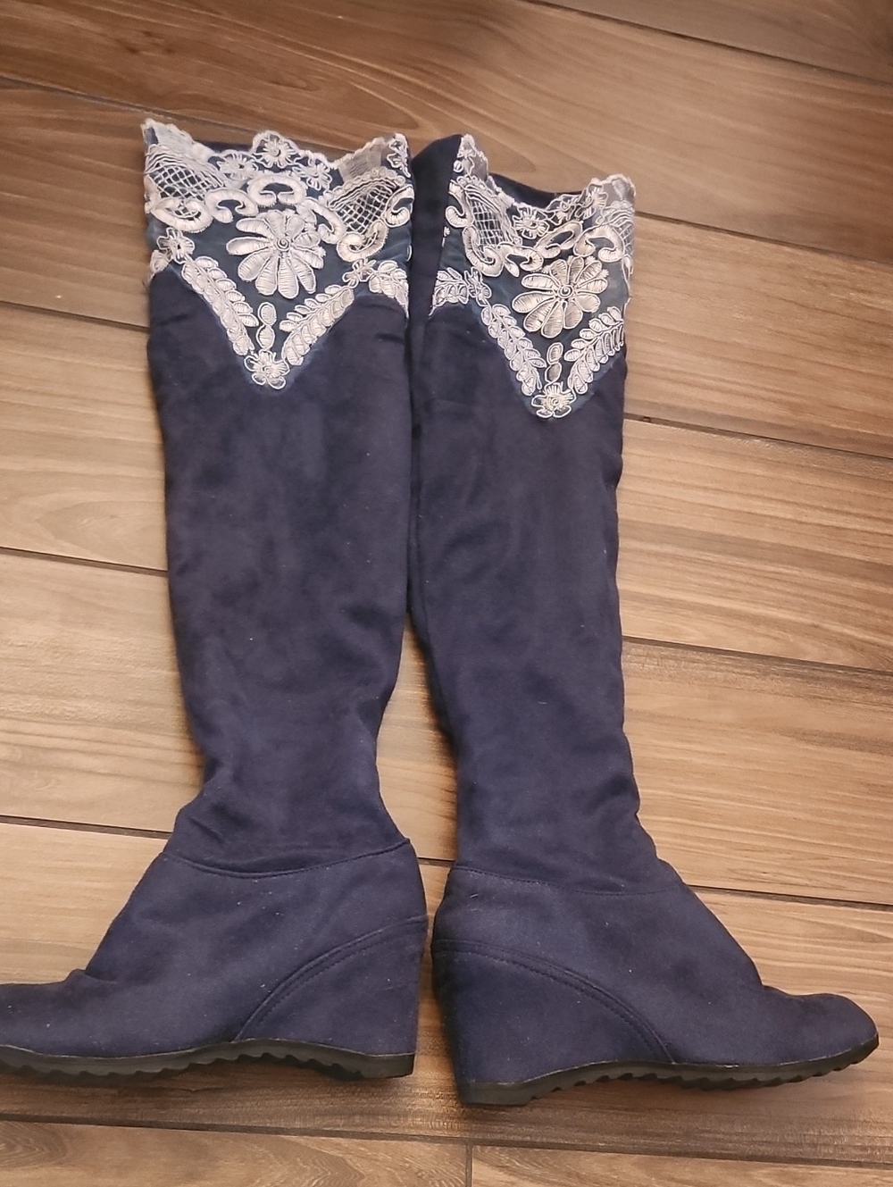 Navy Suede Knee-High Boots with Light Blue, Almost Silvery Blue,  Lace Trim